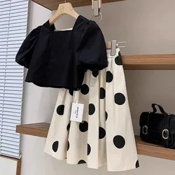 Girls Set Summer Middle and Big Girl Hepburn Style French Square Neck Bubble Sleeve Wide Top Dot Half Skirt Set Teenage Clothing