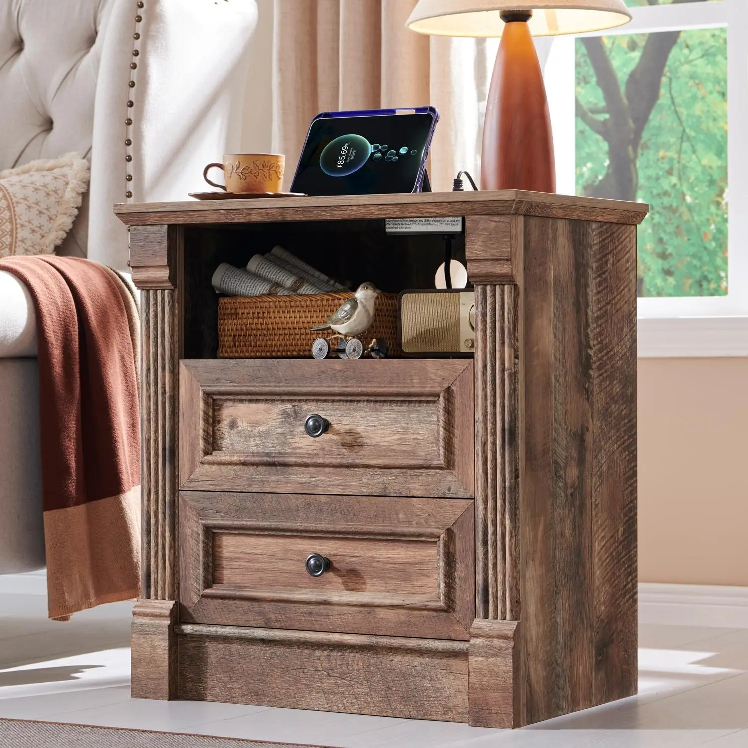 Tall Nightstand with Charging Station, Farmhouse 23.6