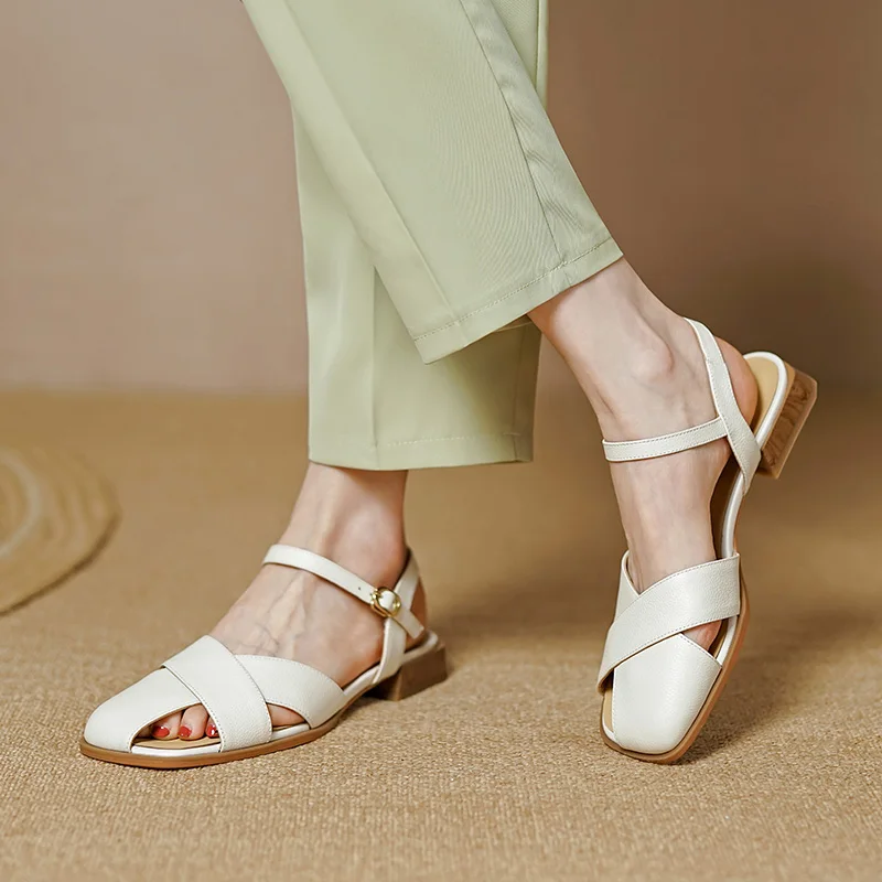 Women Sandals Office Ladies Casual Pumps Concise Fashion Genuine Leather Low Heels Basic Shoes Woman Summer 2022 New Arrival