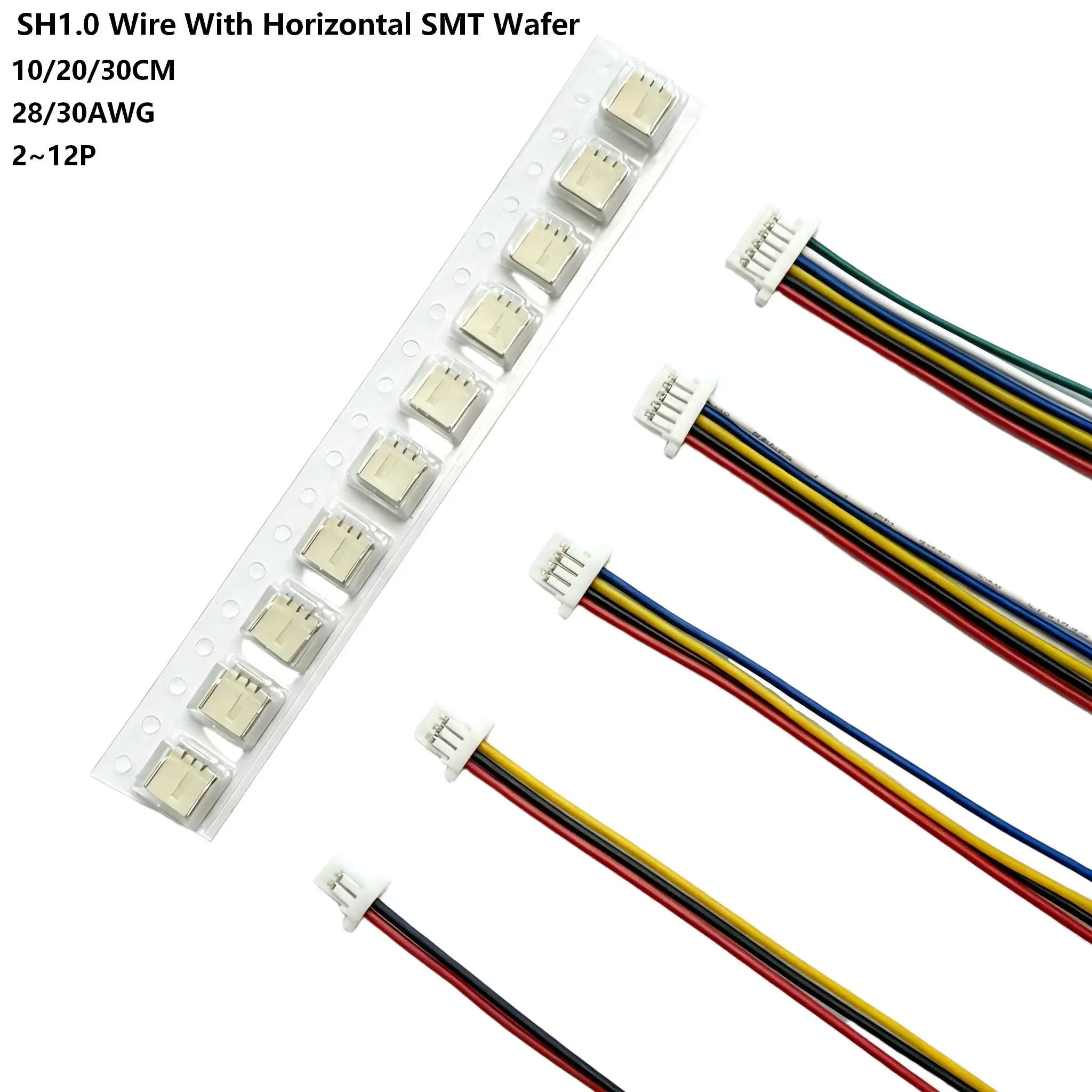 10Sets SH1.0 Connector Female Housings with 10/20/30cm Cables, Equipped with 2/3/4/5/6/7/8/9/10/12P Male Pin PCB Wafer Headers