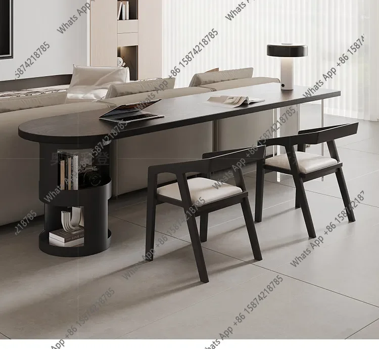 N62 Black solid wood desk Italian minimalist home office computer table Double horizontal hall Long table behind sofa