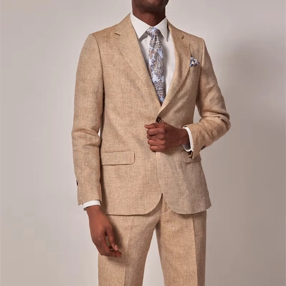 2 Pieces Linen Men's Suits Tuxedo  Lapel Neck Men's Summer Suits Groomsemen Casual Suits （Blazer+Pants）