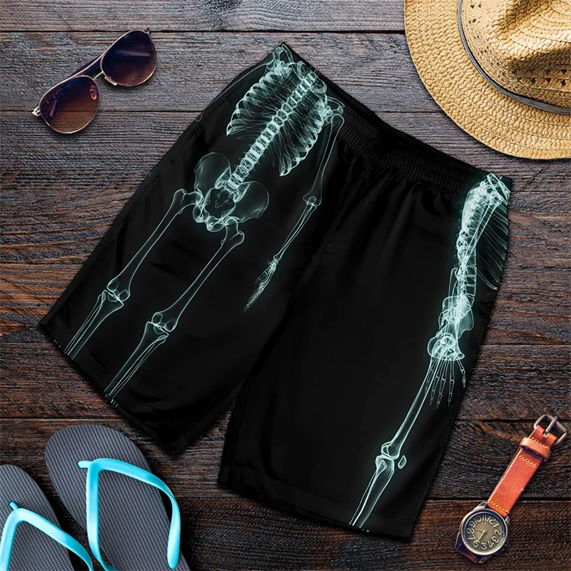 Shorts masculinos de praia com gráficos Harajuku X-Ray crânio, calção esportiva extragrande, shorts havaianos respiráveis, viagem para o Havaí, verão 2024