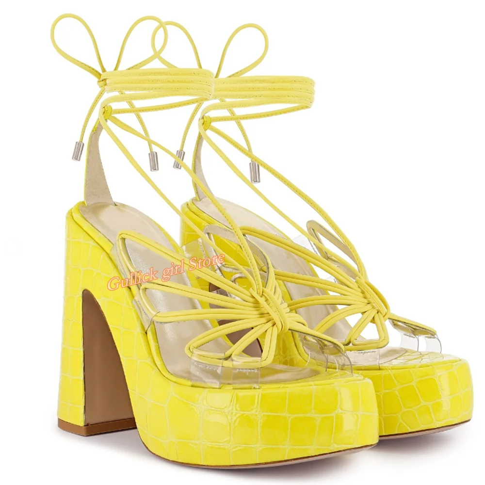 Yellow Butterfly Wings Sandals Platform Block Heel Fashion 2024 Summer Women Dress Lace Up Shoes Round Toe 2024 New Arrivals