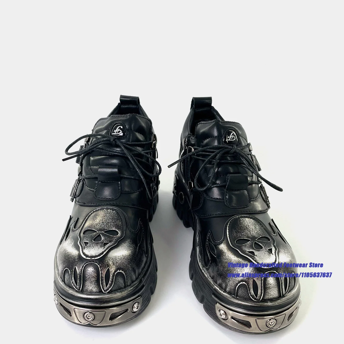 Gothic Punk Vintage Flame Platform Shoes Women Multi Buckle Metal Trim Lace Up Chunky Shoes Height Increasing Women's Shoes