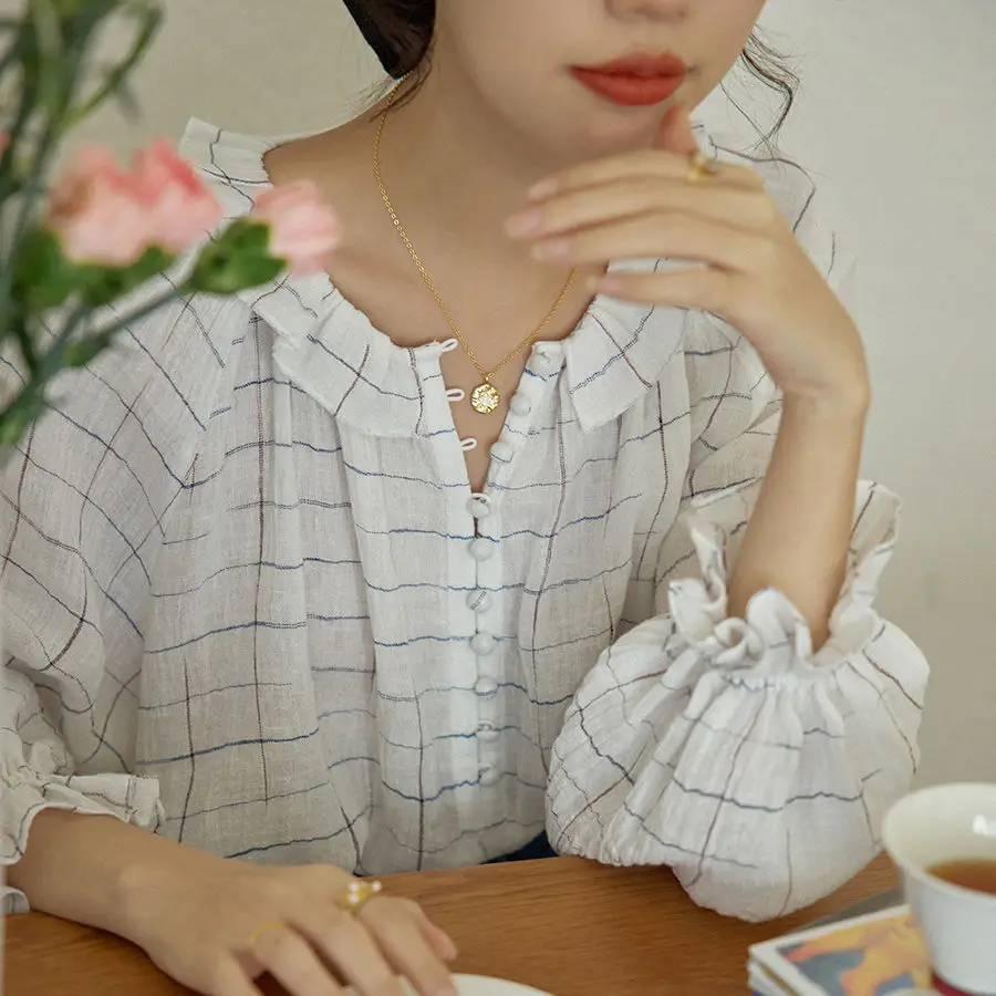 Plaid Super Cotton Linen Yarn Peter Pan Collar Long Sleeve Women Shirt Blouse New 2022 Spring Summer