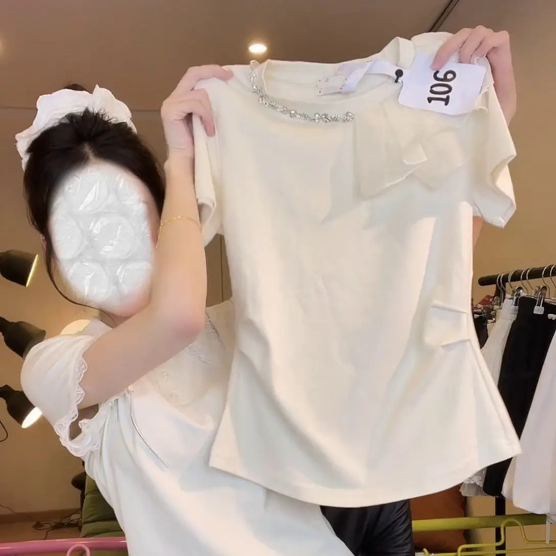 Summer Women's Clothing New Solid Color Simple Wind Splicing Waist Slim-fitting Versatile Round Neck Short-sleeved T-shirt