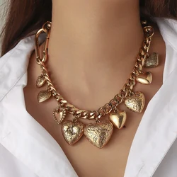 Exaggerated Vintage Heart Pendant Necklace Punk Retro Gold Color Cuban Chains Chokers for Women Big Statment Party Jewelry Gift