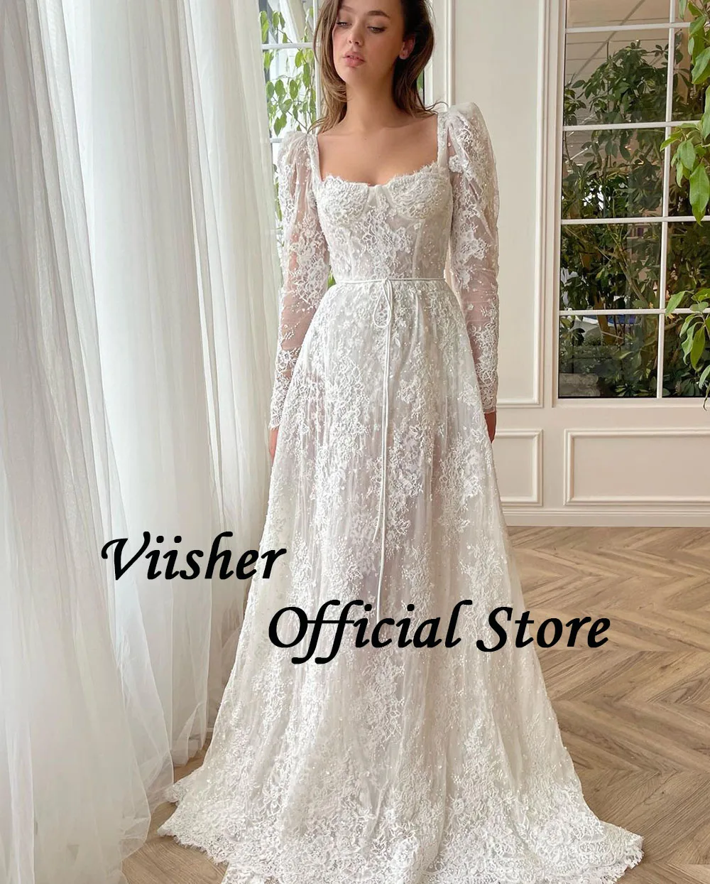 Viisher Luxury All Lace Wedding Dress Long Sleeve Square Neck Princess Bride Dress With Ribbons Modern Long Wedding Bridal Gowns