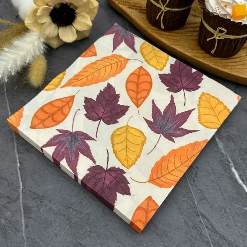 20pcs Dining Table Printed Napkins Creative Paper Placemats Square Wood Pulp Paper Autumn Maple Leaves Colorful Paper Napkins