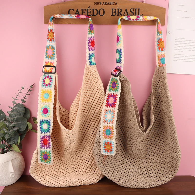 

Large Capacity Crochet Tote Bag Flower Lightweight Hollow Woven Bag Embroidered Strap Polyester Knitting Handbag Beach