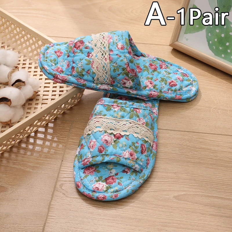 Women Indoor Cotton Slippers Vintage Couple Floral Bedroom Carpet Slippers Soft Toe Sole Slippers Non-Slip Travel Flat Shoes