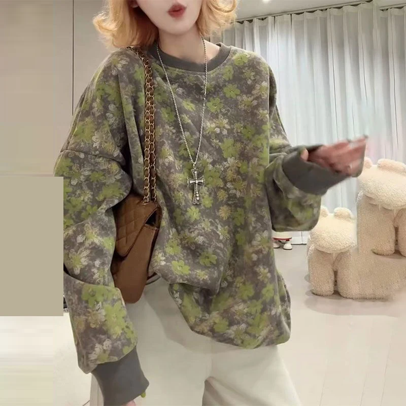 

Korean version of versatile casual loose crew neck sweater trendy 2025 autumn new fashion printed pullover