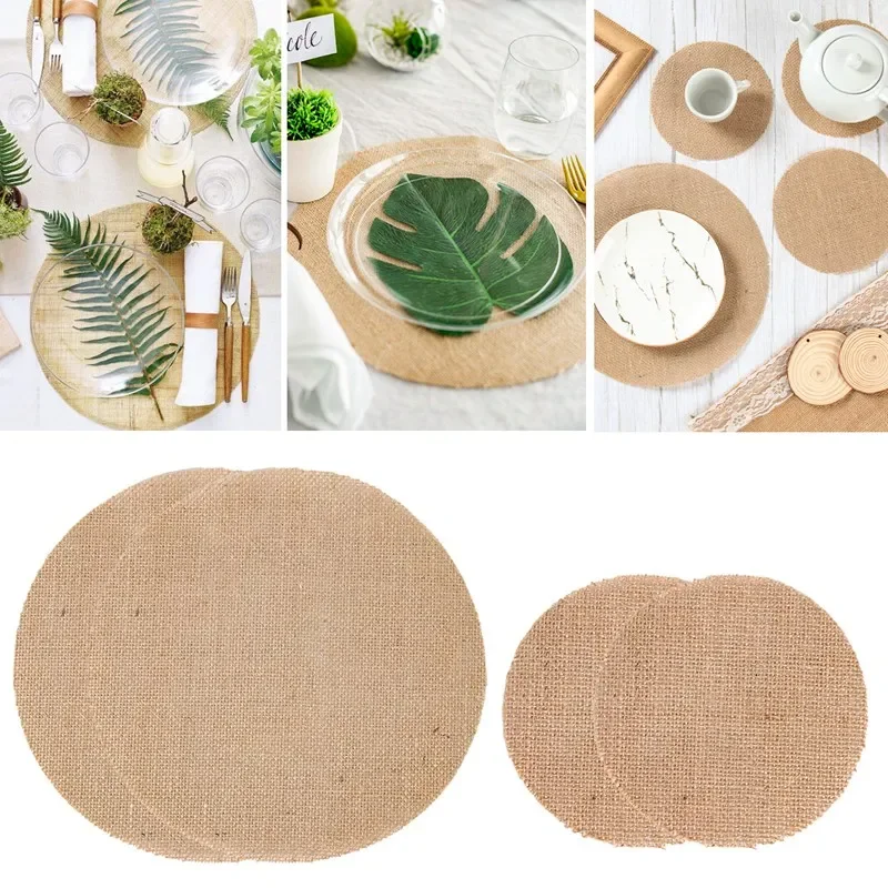 10pcs Round Natura Linen Jute Burlap Handwork Hemp Linen Table Placemat Tea Cup Plates Mats For Home Party Decor Wedding Supply