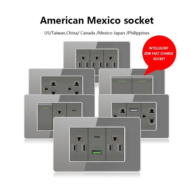 US Mexico Thai Standard socket Plug Usb Type-C 20W Fast Charging outlet,American Tempered glass Light Electrical Switch Panel