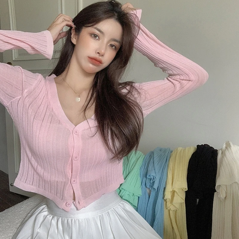 Women Summer Long Sleeve Ribbed Knit Crop Top Cardigan Sexy V-Neck Button Down Solid Candy Color Slim Fit Short Sweater Jacket