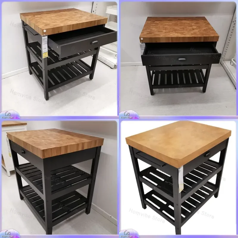 Kitchen Island with Storage Solid Wood Dining Table Movable Cooking Bar Counter Side Cabinet Open Shelf Wall Mounted