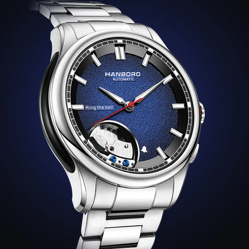 HANBORO Men Automatic Watch 41.5mm Alarm Mechanical Wristwatch Ring The Bell 5ATM Waterproof Sapphire Luminous Skeleton Dial view 5