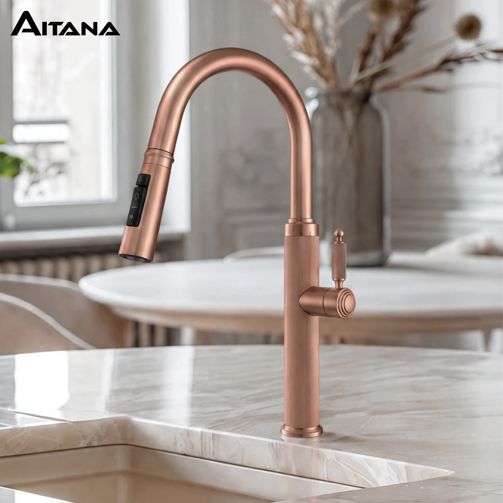Brushed Rose Gold Pull Out Kitchen Faucet Stainless Steel Single Hole Sink Mixer Tap Hot Cold Water 360 Swivel Deck Mount faucet