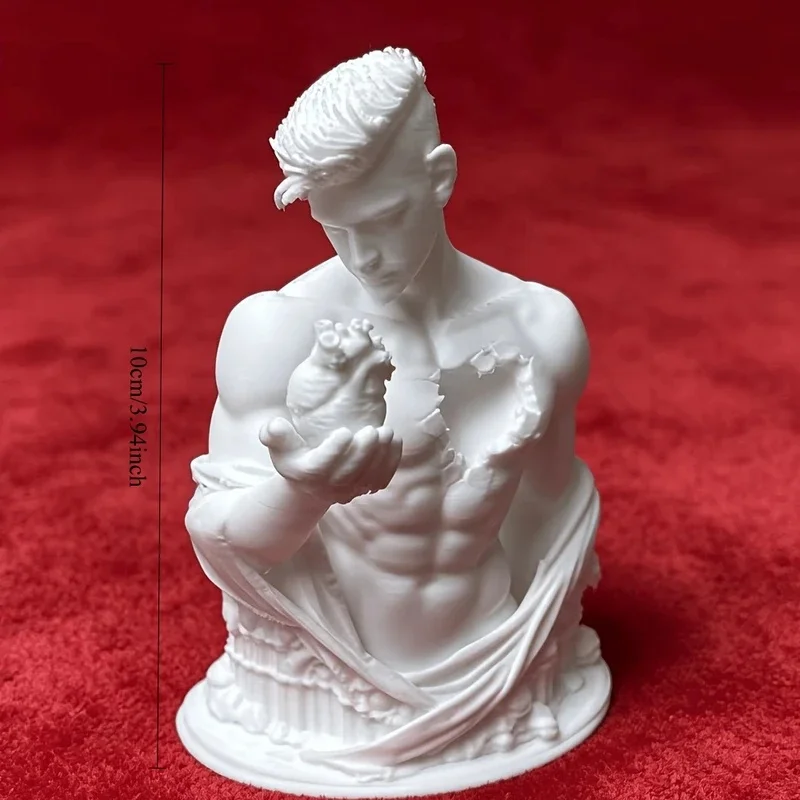 Broken Chest Male Bust Figurines 3D Printed Man Holding Anatomical Heart Sculpture Art Tabletop Decor for Home Office Desk Study