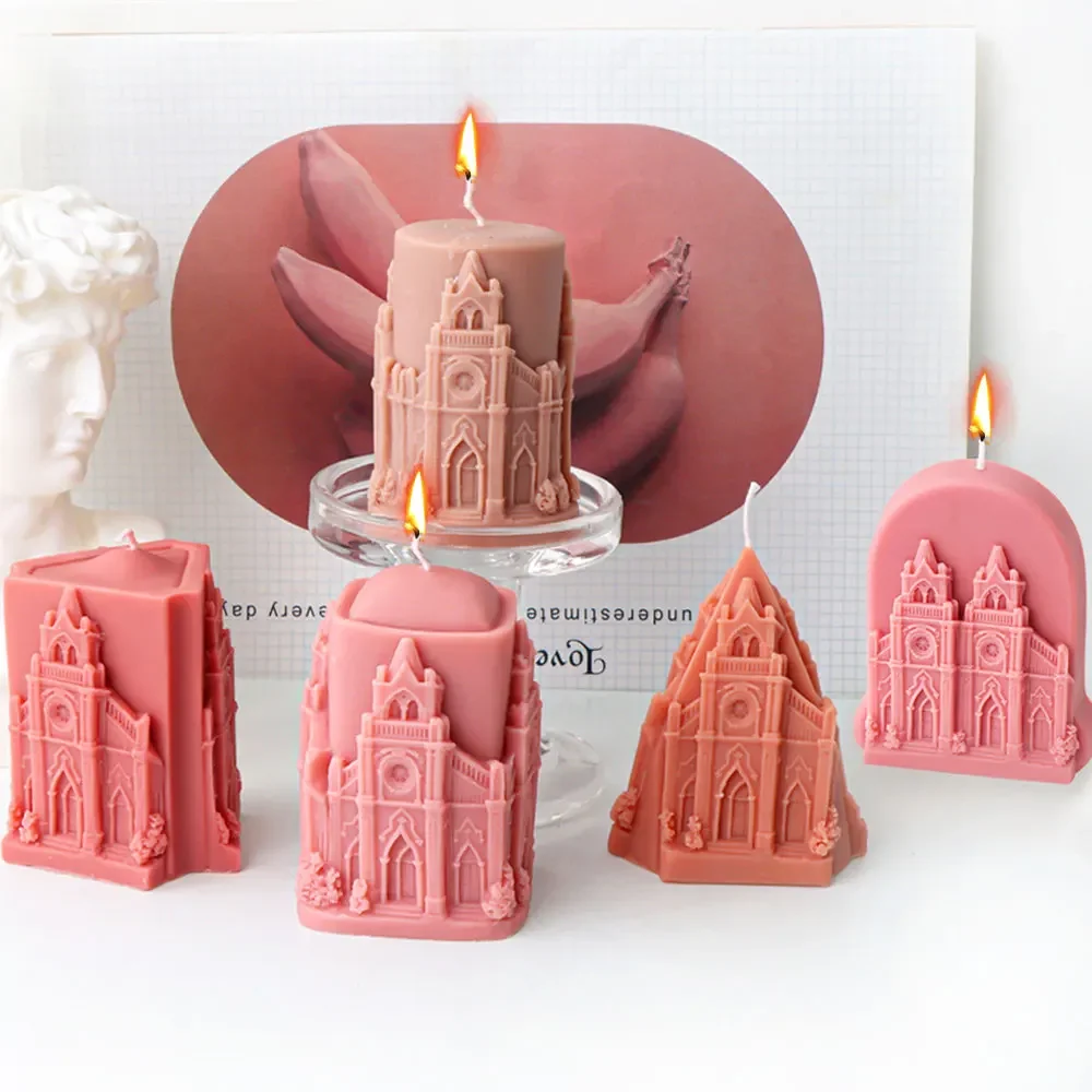 3D Relief Castle Square Column Silicone Candle Molds Building Cylinder Resin Plaster Mould Geometry Triangular Cone Office Decor