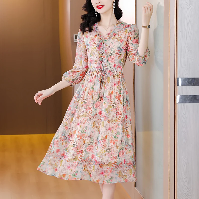 Printemps 2023 soie florale Dr pause thé minceur jupe longue à la mode v-ne x-aped trajet imprimé mousseline de soie sept-quarts Sve