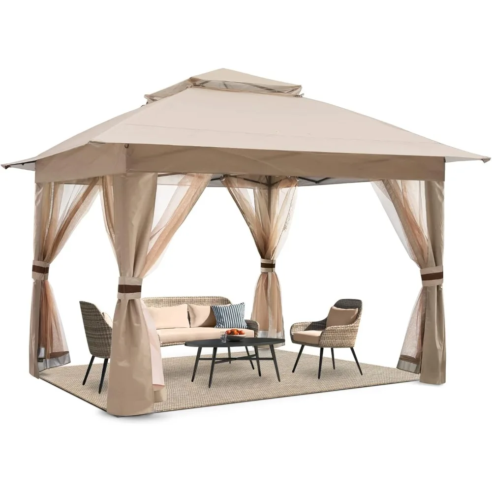 13x13Ft Pop up Gazebo Easy Pop Up Canopy Tent Instant Folding Shelter with Mosquito Netting Walls(Khaki)