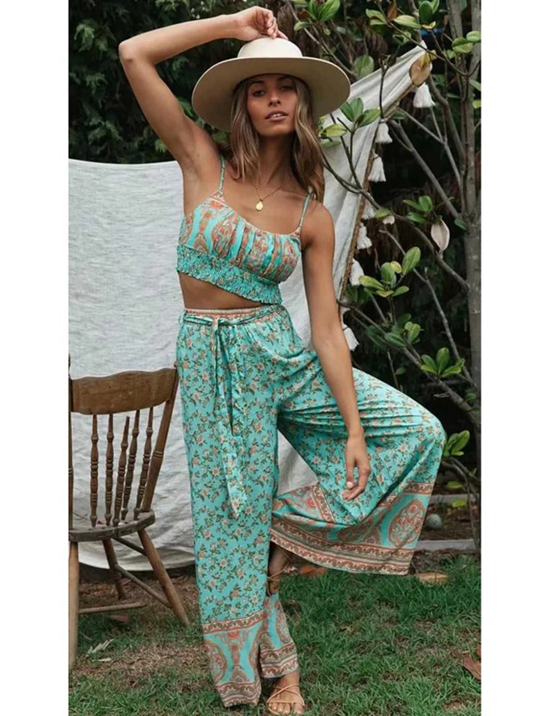 Jastie Boho Vintage Pattern Print Women 2 Piece Set Spring 2022 Midriff Baring Wide Leg Pant Retro Chic Beach Vacation Women Set