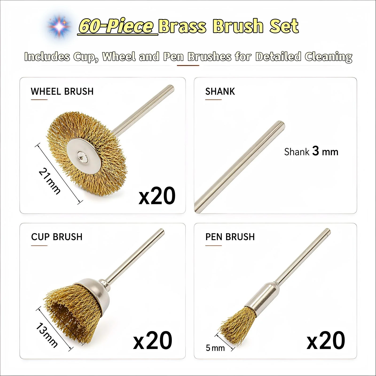 60Pcs Jewelry Making Tool Brass Wire Brush Set 3mm Shank Cup Wheel Pen Brushes Rust Removal Polishing Cleaning for Rotary Tools view 4