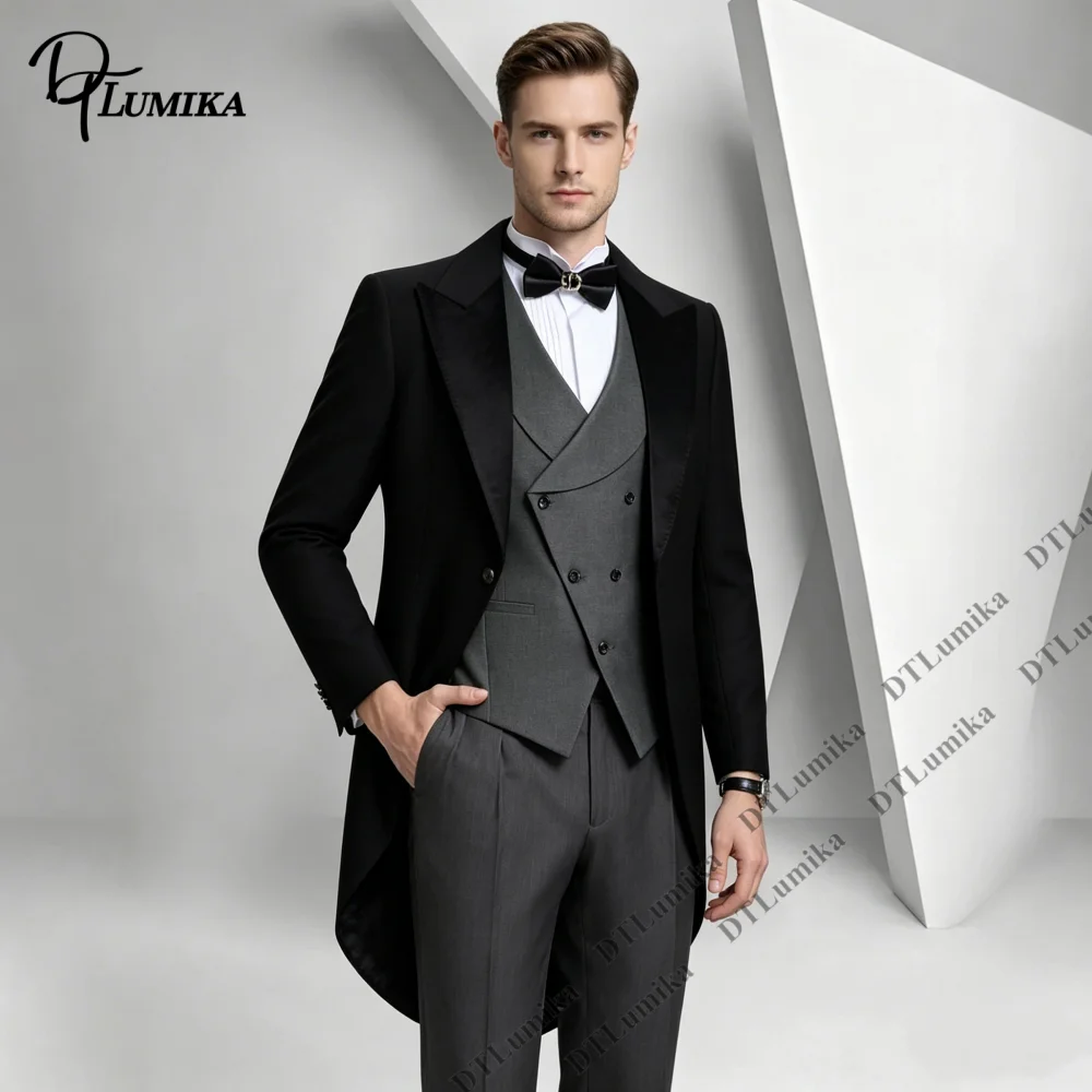 DTLumika Black Tailcoat Peak Lapel Men 3 Piece Tuxedo Blazer Double Breasted Grey Waistcoat Matching Trousers Set For Wedding