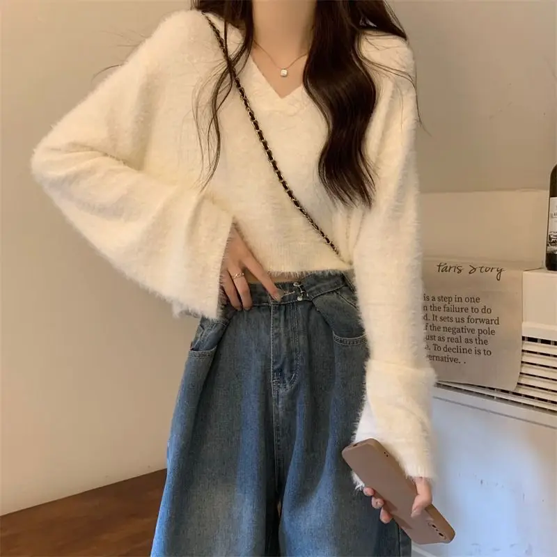 Faux Mink Velvet Pullovers Women Short V-neck Loose Basic Ins Autumn Winter Korean Solid Fluffy Gentle All-match Female Graceful