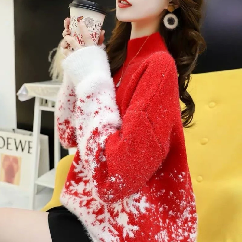 Świąteczne swetry damskie z luźnej dzianiny, atrakcyjne swetry z długim rękawem, modne pulowery w promocji, gładkie, eleganckie, lekkie swetry damskie.