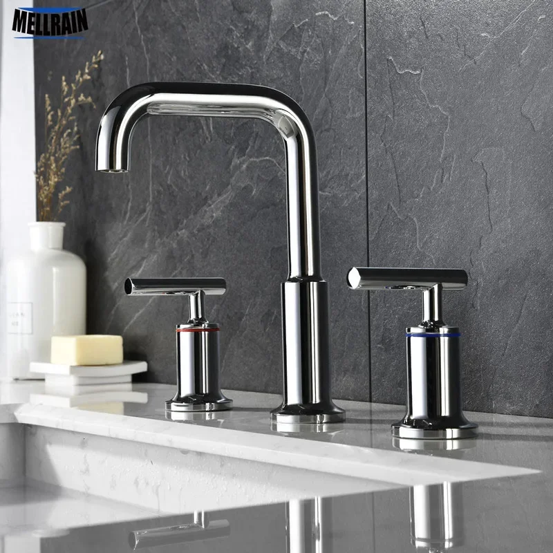 

100% Soild Brass Double Handles Bathroom Basin Water Mixer Separate Style Sink Faucet Chrome Matt Black Brushed Gold Tapware