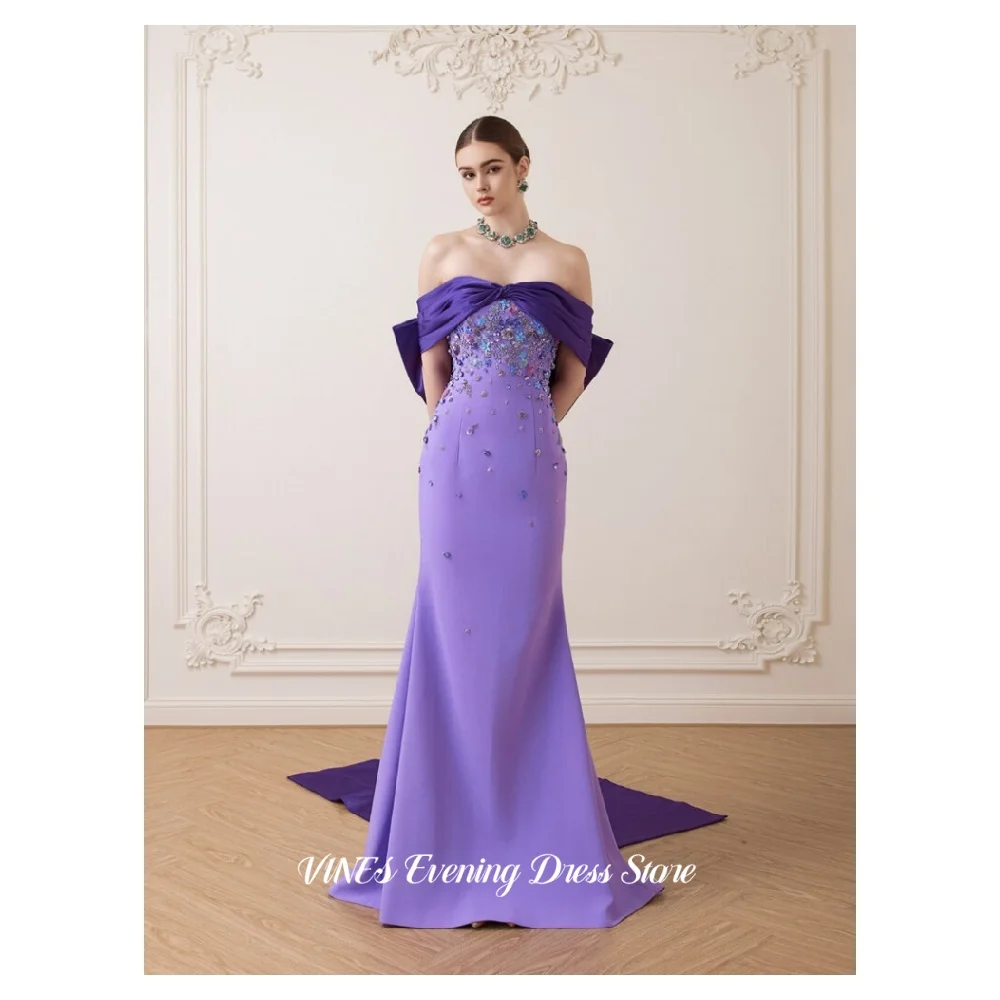 

VINES Purple Luxury Prom Dress Crystal Beaded Evening Dress with Bow Detail And Train Elegant Formal Occasion Dress Customized