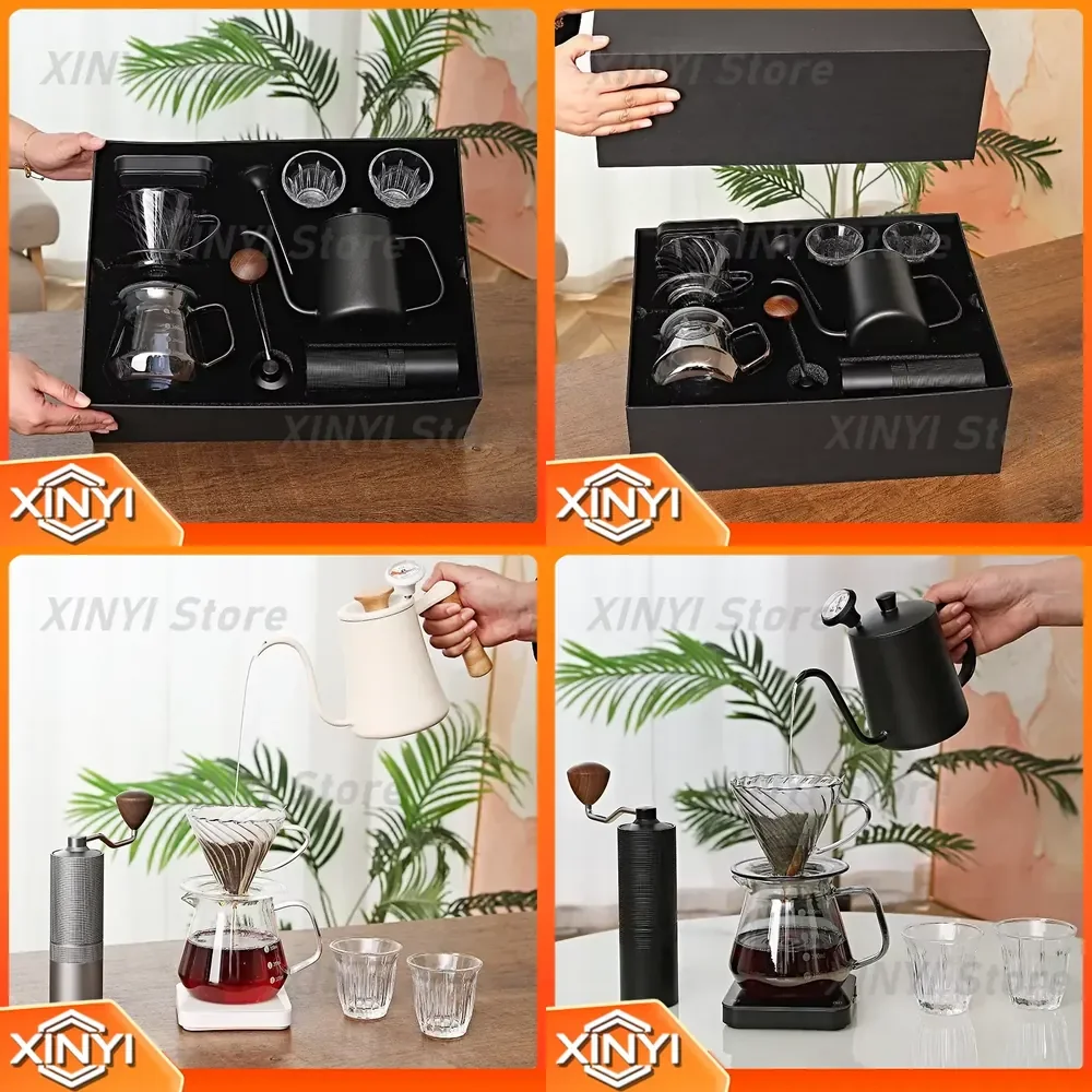 Hand Brewing Coffee Set for Manual Pour Over Coffee Maker with Hand Crank Coffee Grinder and Sharing Drip Pot for Home