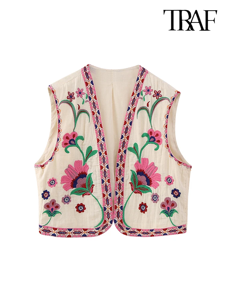 TRAF Women\'s Vintage Ethnic Floral Embroidery Vest Sleeveless Peplum Cardigan Vest Street Fashion Sweet Women\'s Tank Top