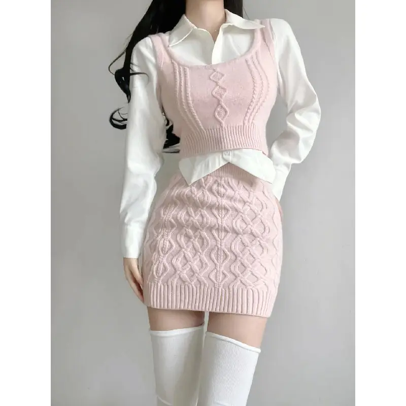 

Spring Three Piece Set Korean Style Shirt Layered Sweater Tank Top+Spicy Girl Hip Wrap Slimming Mini Skirt Set Women Clothing