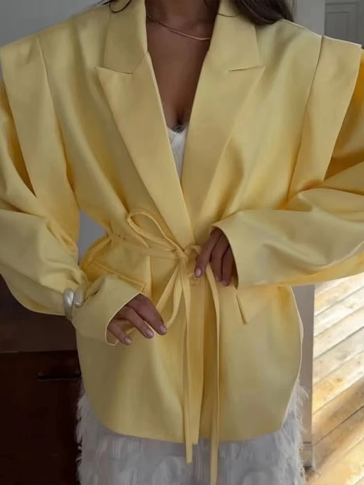 

Street Lace Up Women's Blazer Yellow Button Long Sleeve Lapel Button Suit Jacket 2025 Spring Summer Lady Loose Casual Outwear