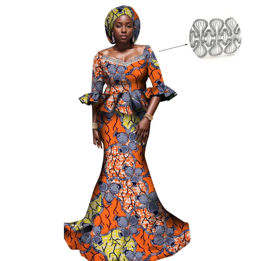 

Women African Clothing Party 2 Piece Set Tops and Long Skirts Maxi Dress with Headscarf Dashiki Print Skirt Suits Set WY1178