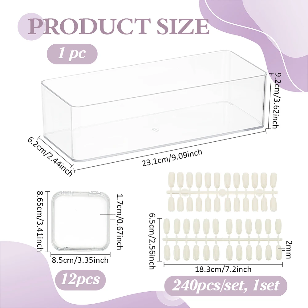 12pcs Clear Press on Nail Boxes Transparent Artificial Nail Packaging Cases Display Storage Box with 240pcs Plastic False Nail