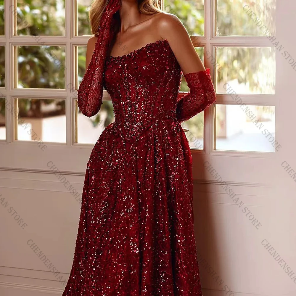 Red Sequins A-Line Floor-Length Exquisite Evening Dresses Valentines Day Amanda Wedding Dress Custom Gown