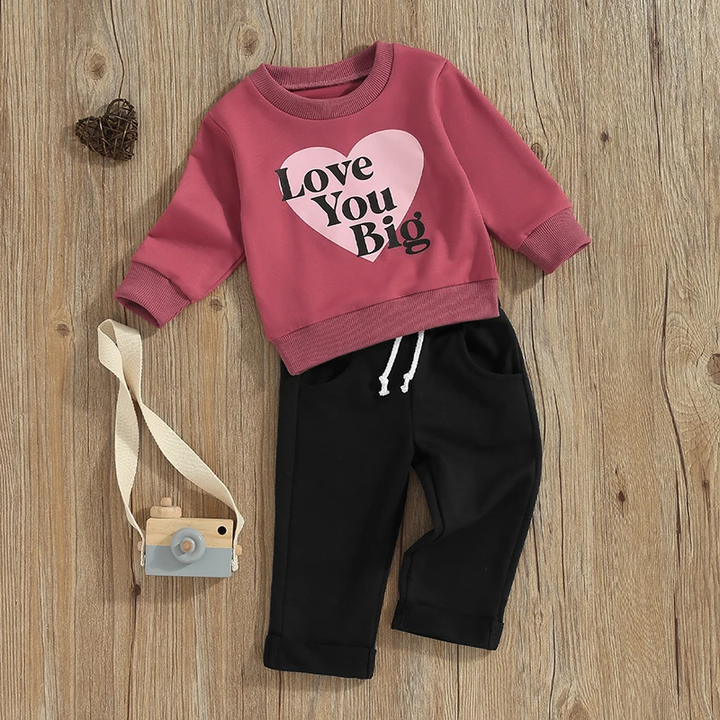 

Baby Girl Boy Valentines Day Love Outfits Letter Print Long Sleeve Sweatshirts Long Pants 2Pcs Clothes Set