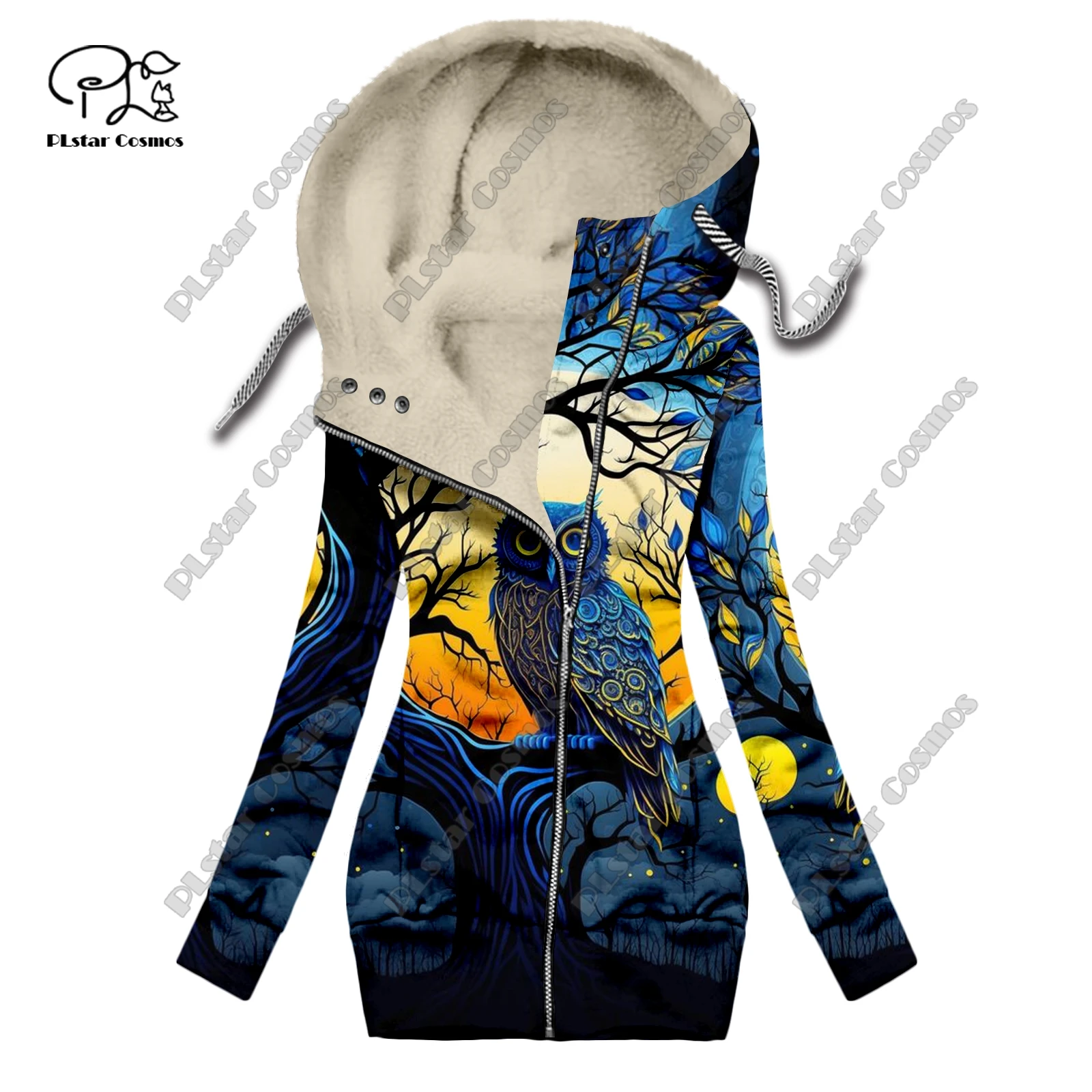 New 3D printing retro series floral and animal patterns plus velvet and warm women's long zipper sweatshirt casual winter L-34