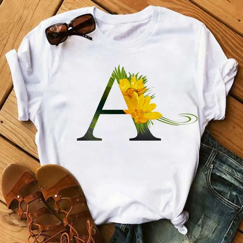 Custom Name Letter Combination Women's High Quality Print T-shirt Flower Letter Font A B C D E F G Short Sleeve Tshirt T