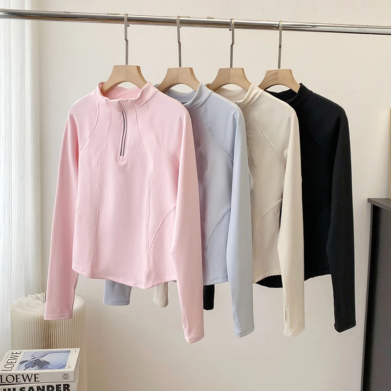 Outdoor Sports Long Sleeve Zipper Jacket Stand Collar Slim Fit Yoga Fitness Outerwear Base Layer Top for Women