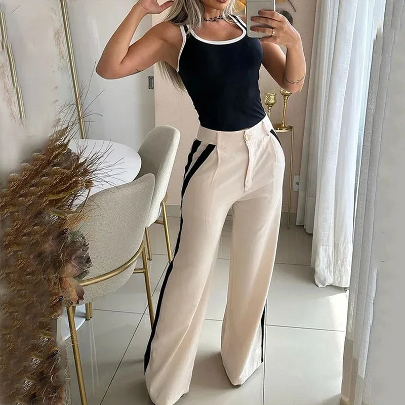 

Summer Two Piece Sets Womens Outifits Casual Suits Women Solid Suspenders Vest Top and High-waisted Wide Leg Pants Sets Trousers