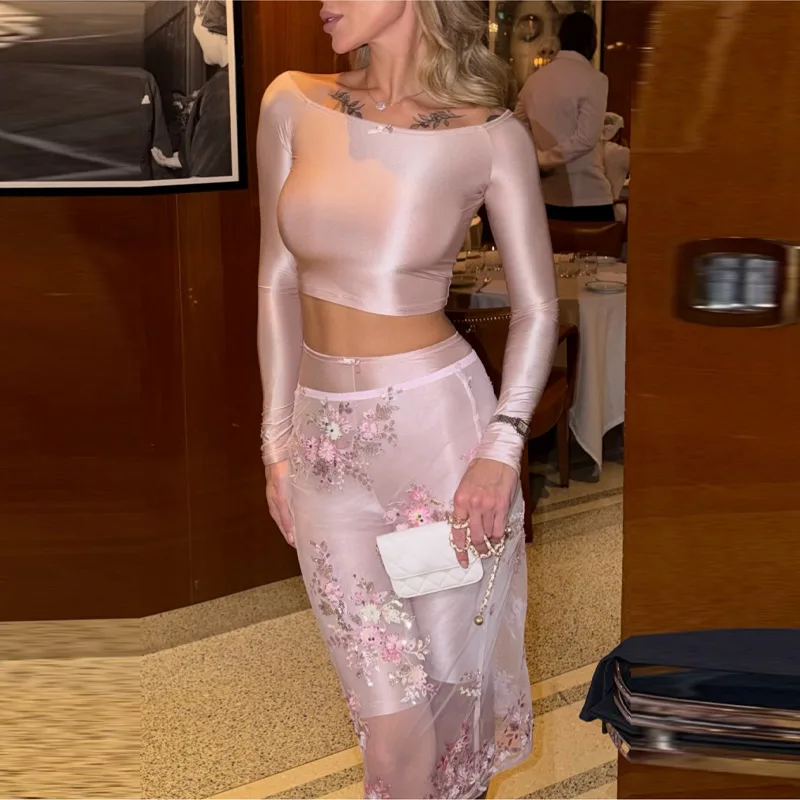 

Fashion Shinny Satin Riding Top Pant Skirt Sets Chic Bow Off Shoulder Crop Shirt Tight Cycling Short Embroidery Flare Mesh Skirt