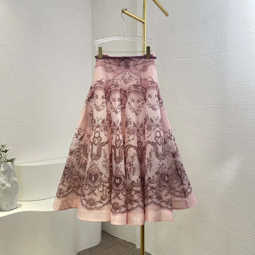 

2025 High Quality Linen and Silk Grey Lace Floral Print Ruffles Blouse Tops and Skirt Set