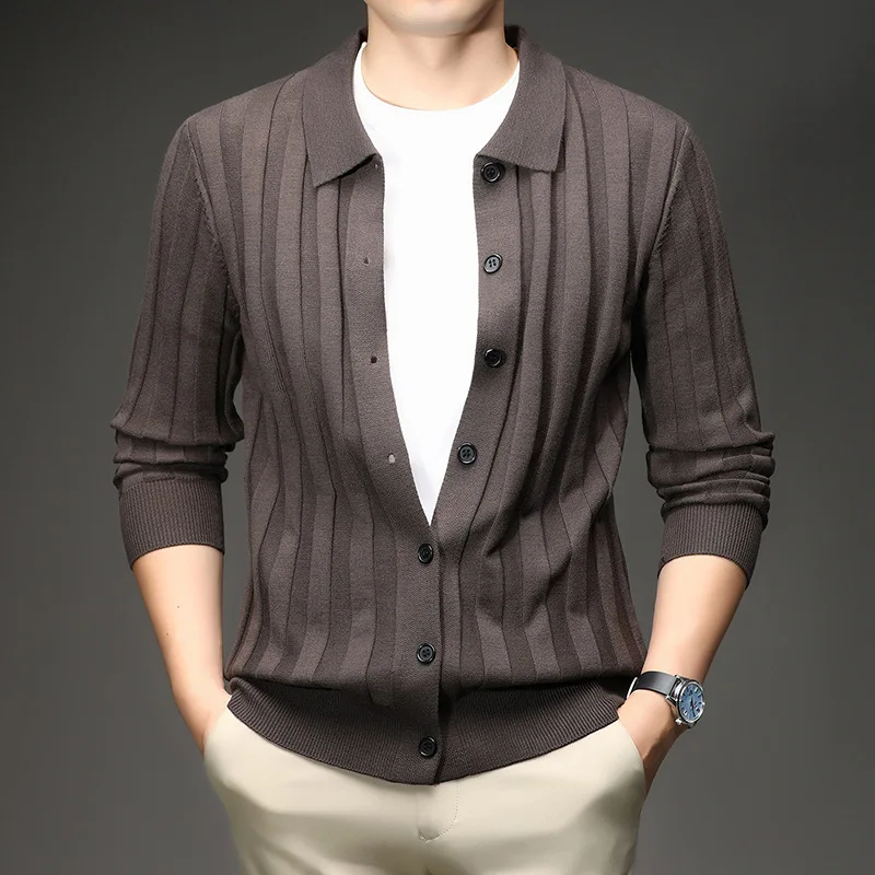 2026 New Autumn and Winter New Knitted Cardigan Men's Casual Lapel Sweater Middle-aged Fashion Solid Color Button-up Top Jacket