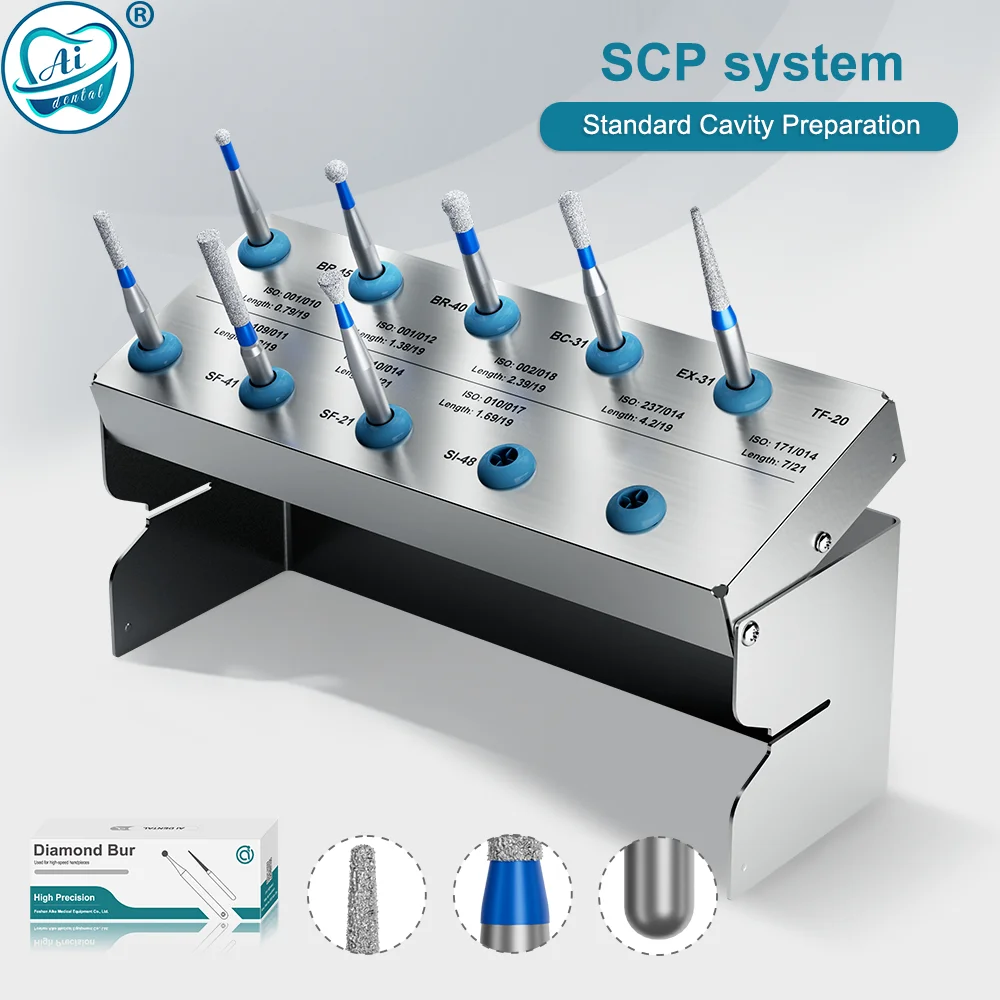 SCP System Dental High Speed Dia.1.6mm Diamond bur 19/21mm Length for Standard Preparation Cavity Polishing 10pcs/mix 8pcs Set